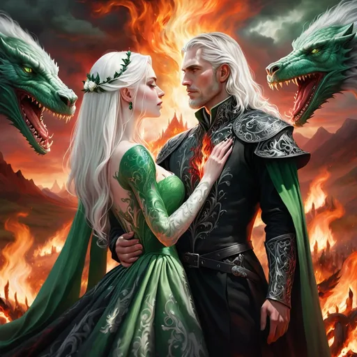 Prompt: realistic fantasy painting of a wedding ritual between two Targaryens, woman with white hair, man with a semi-long white hair, wearing green and black detailed ornate medievel gowns, fire and blood ritual, forbidden love, dramatic scenery, powerful lighting