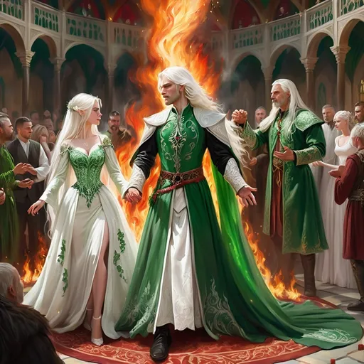 Prompt: realistic fantasy painting of a wedding ritual between two Targaryens, woman with white hair, man with a semi-long white hair, wearing green and white detailed ornate medievel gowns, fire and blood ritual, forbidden impossible love, celebration hall, a ritual dance, intimite ceremony