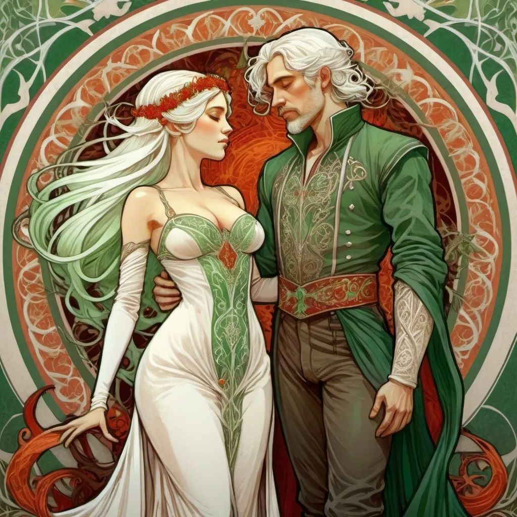 Prompt: Alphonse Mucha Style, art nouveau illustration of a full body man and woman, thick lines, intricate details, beautiful colors, targaryen wedding, green and white and red colours, semi-long white hair, wedding ritual, fire and blood, details, medieval gowns, ornate