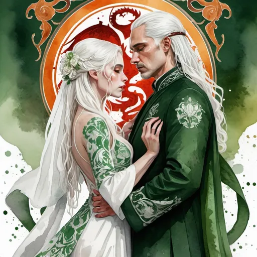 Prompt: digital watercolor painting, paint splatter, bold brush strokes, art nouveau, a targaryen wedding, semi-long white hair, detailed ornate cloth robes, royal, realistic, green and white, hate each other, drama, blood and fire wedding ritual