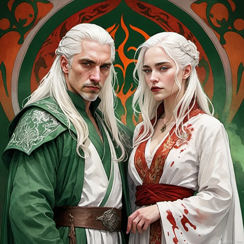 Prompt: digital watercolor painting, paint splatter, bold brush strokes, art nouveau, two targaryens, king ad queen, semi-long white hair, detailed ornate cloth robes, royal, realistic, green and white, hate each other, drama, blood and fire,  fantasy, stabbing