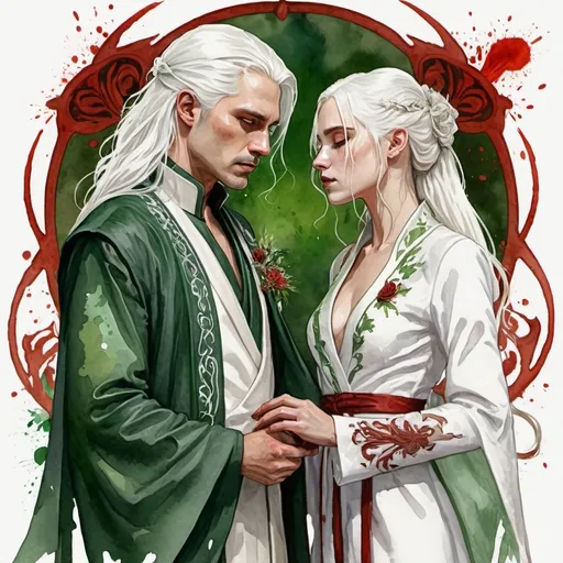 Prompt: digital watercolor painting, paint splatter, bold brush strokes, art nouveau, a targaryen wedding, semi-long white hair, detailed ornate cloth robes, royal, realistic, green and white, hate each other, drama, blood and fire wedding ritual