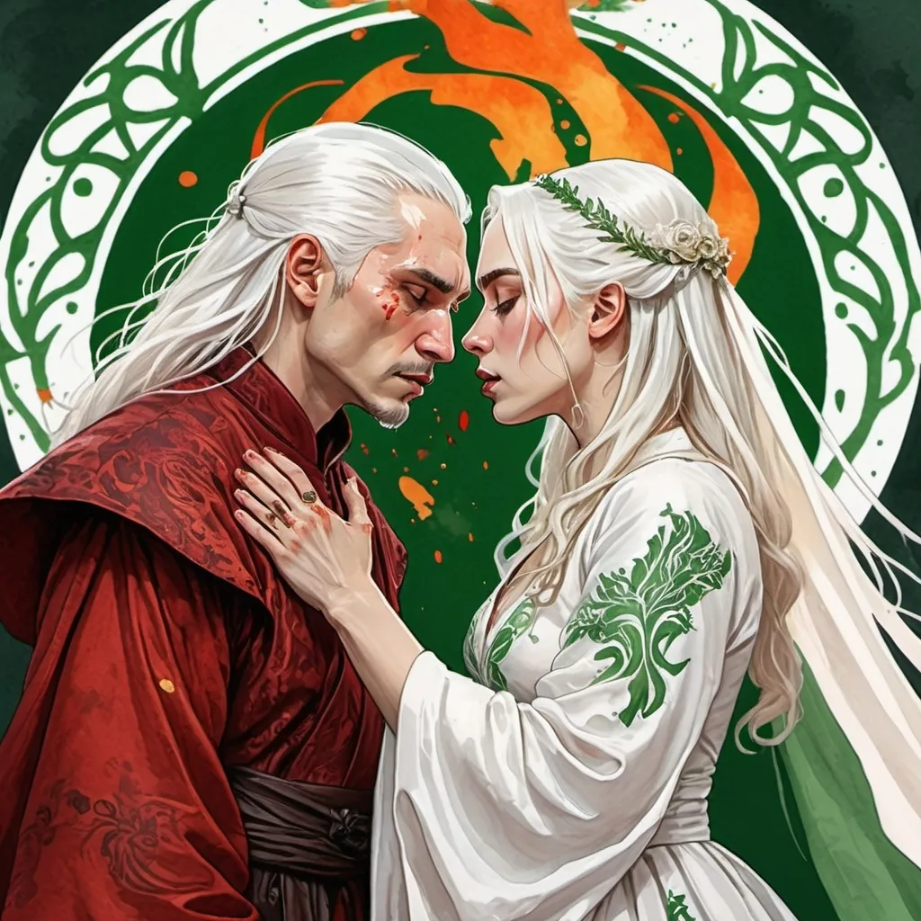 Prompt: digital watercolor painting, paint splatter, bold brush strokes, art nouveau, a targaryen wedding, semi-long white hair, detailed ornate cloth robes, royal, realistic, green and white, hate each other, drama, blood and fire wedding ritual,  fantasy, angry argument, forced marriage, kiss 