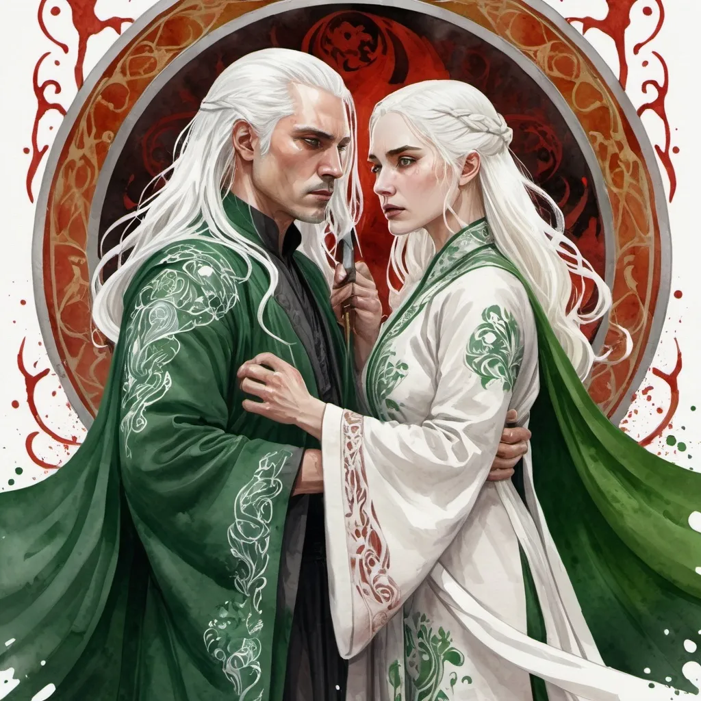 Prompt: digital watercolor painting, paint splatter, bold brush strokes, art nouveau, two targaryens, semi-long white hair, detailed ornate cloth robes, royal, realistic, green and white, hate each other, drama, blood and fire,  fantasy, Visenya stabbing Aemond