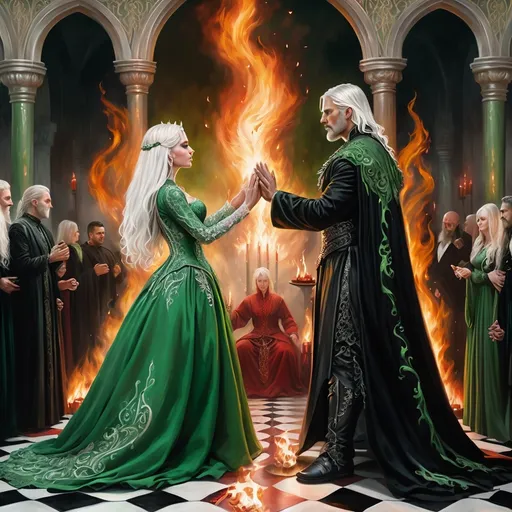 Prompt: realistic fantasy painting of a wedding ritual between two Targaryens, woman with white hair, man with a semi-long white hair, wearing green and black detailed ornate medievel gowns, fire and blood ritual, forbidden impossible love, celebration hall, a ritual dance