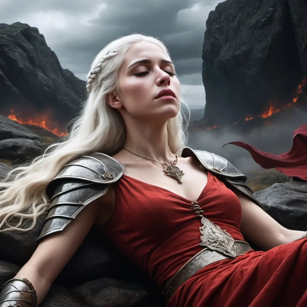 Prompt: fantasy realistic mystic painting of warrior queen Visenya Targaryen dying, dramatic scenery