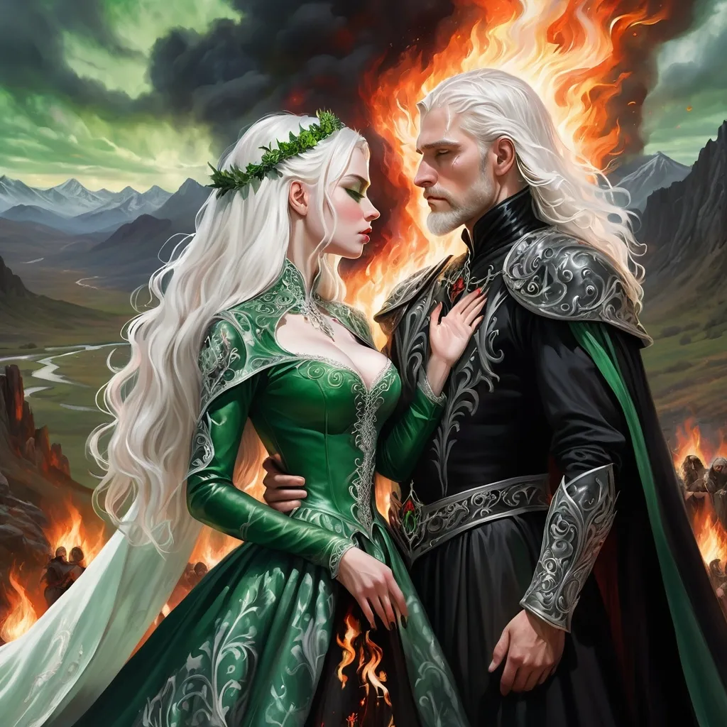 Prompt: realistic fantasy painting of a wedding ritual between two Targaryens, woman with white hair, man with a semi-long white hair, wearing green and black detailed ornate medievel gowns, fire and blood ritual, forbidden love, dramatic scenery, powerful lighting