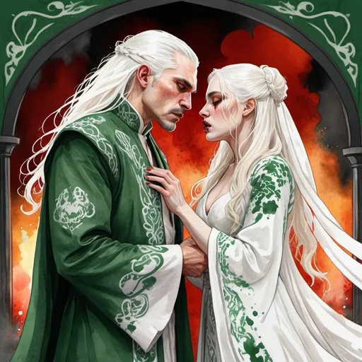 Prompt: digital watercolor painting, paint splatter, bold brush strokes, art nouveau, a targaryen wedding, semi-long white hair, detailed ornate cloth robes, royal, realistic, green and white, hate each other, drama, blood and fire wedding ritual,  fantasy, angry argument, forced marriage, kiss 