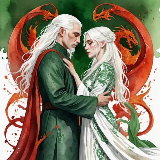 Prompt: digital watercolor painting, paint splatter, bold brush strokes, art nouveau, a targaryen wedding, semi-long white hair, detailed ornate cloth robes, royal, realistic, green and white, hate each other, drama, blood and fire wedding ritual,  fantasy, betrayal