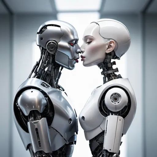 Prompt: a human and a robot kissing