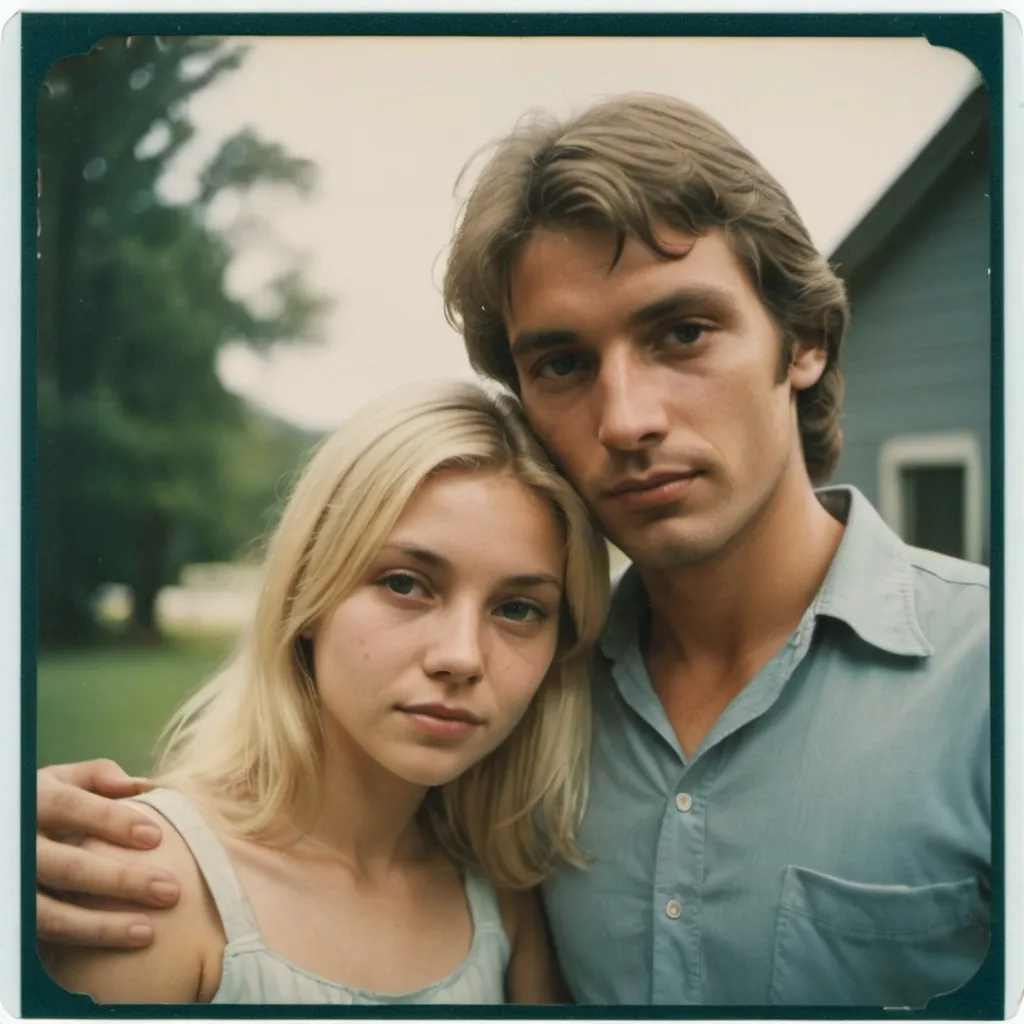 Prompt: Polaroid of young couple, blond female and dark-haired man, with girl leaning her head on the man's shoulder, but the man's head had been torn out of the photo
