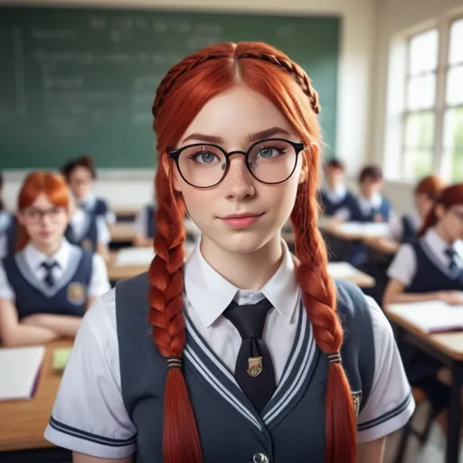 Prompt: Anthro horse red hair nerd glasses long platt school uniform futa