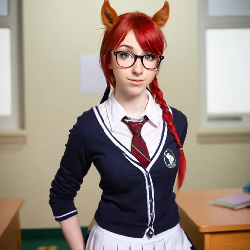 Prompt: Anthro horse red hair nerd glasses long platt school uniform futa