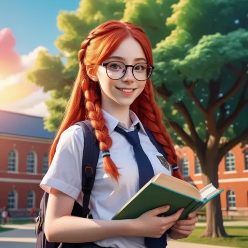 Prompt: Anthro horse red hair nerd glasses long platt school uniform futa