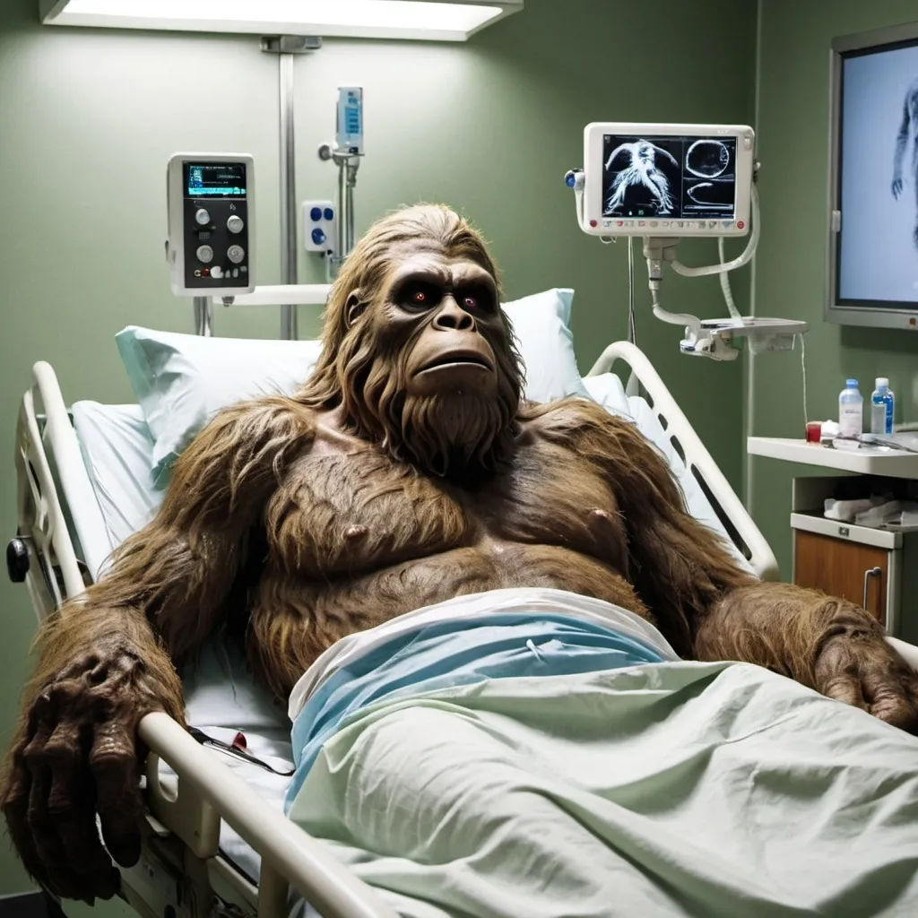 Prompt: Sasquatch laying in a hospital bed injured