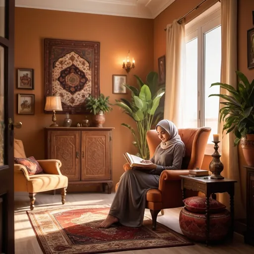 Prompt:  Muslim lady reading  sitting on small easy chair in living room environment which has a dining table along the wall and an exit door 