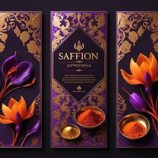 Prompt: Like this photo, design an attractive design for saffron, use purple, gold, and red colors in it, luxury, high quality, originality, energy, creativity, simple and away from crowds. 