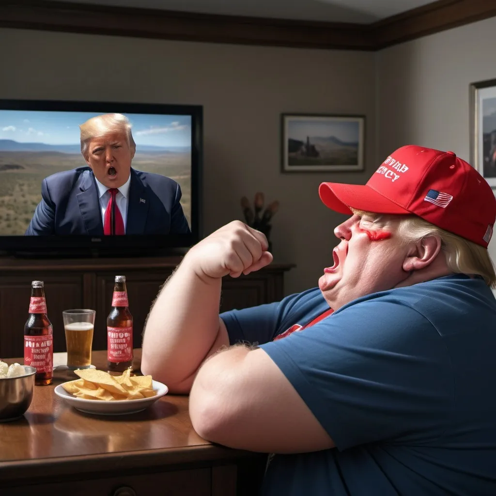 Prompt: (obese men in Trump/MAGA costumes crying at a TV), TV headline "Harris wins by a historical landslide!", caption "She makes grown men cry", red MAGA baseball hats, (tears streaming down their faces), living room setting, intense emotional despair, (muted colors and desaturated tones), early evening artificial lighting, (television glow), scattered beer cans and snack wrappers, realistic depth and detail, ultra-detailed, 4K high quality, photorealistic, impactful and dramatic atmosphere.