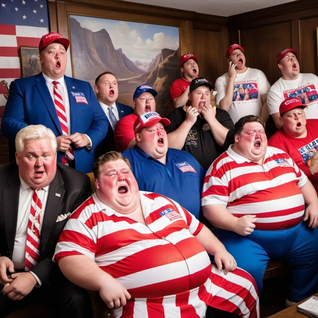 Prompt: a bunch of obese men in MAGA costumes crying at a tv with the headline “Harris wins by a historical landslide !“ and the caption “She makes grown men cry. 