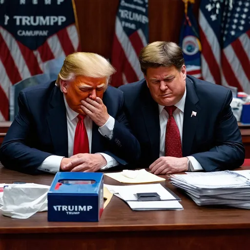 Prompt: Donald Trump and JD Vance sobbing at the Trump Campaign Headquarters, photorealistic, detailed facial features with tears, emotional sorrow, dimly lit room with a muted color palette, somber atmosphere, campaign posters and election memorabilia in the background, cluttered desk with campaign materials, tissue boxes, ultra-detailed, 4K, dramatic lighting highlighting their tear-stained faces, HD quality.