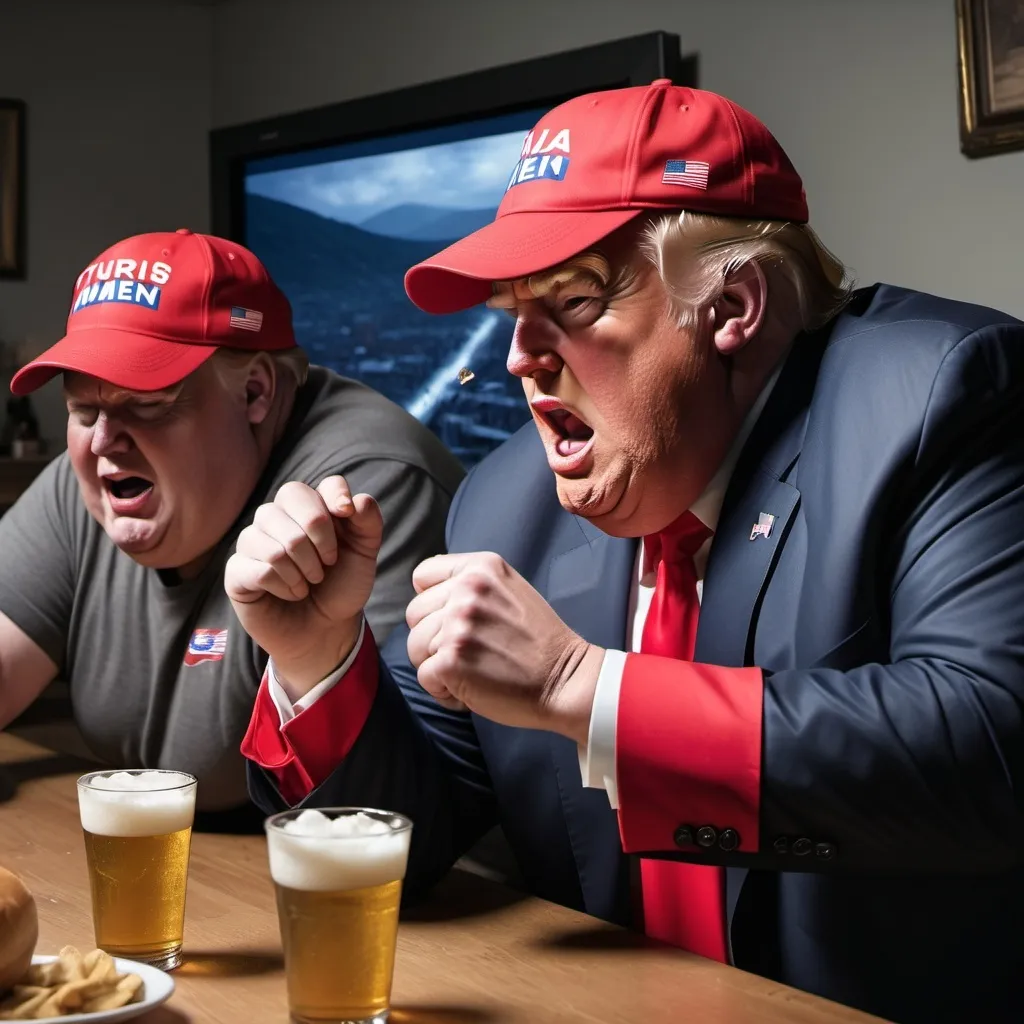 Prompt: (obese men in Trump/MAGA costumes crying at a TV), TV headline "Harris wins by a historical landslide!", caption "She makes grown men cry", red MAGA baseball hats, (tears streaming down their faces), living room setting, intense emotional despair, (muted colors and desaturated tones), early evening artificial lighting, (television glow), scattered beer cans and snack wrappers, realistic depth and detail, ultra-detailed, 4K high quality, photorealistic, impactful and dramatic atmosphere.