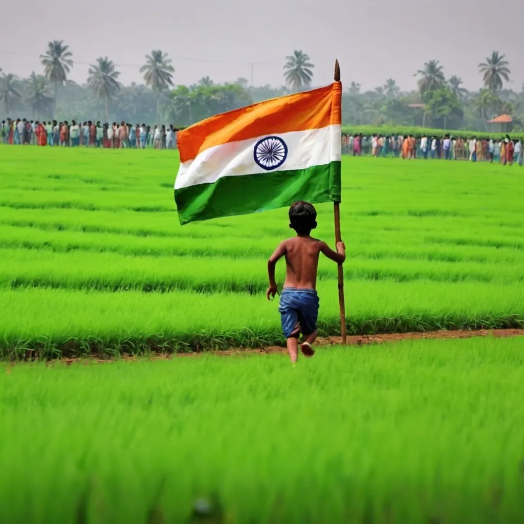 Prompt: Indian flag, green field with people working at background, kids running and give artistic touch to make it look like painting 