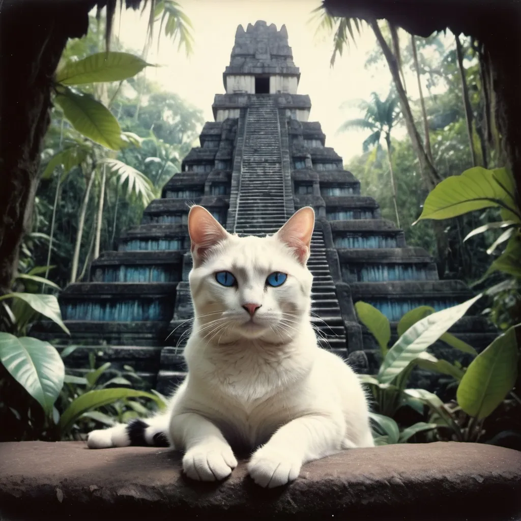 Prompt: A photorealistic, 1980 polaroid style.  Cat sitting in a mayan jungle with a temple behind it that looks like chitchen itoa. Sthe cat will be meditatingmeditating and drawing the spirit of the world through its chakras from the cosmos into the world. The cat will be black with smudges of white and blue eyes.