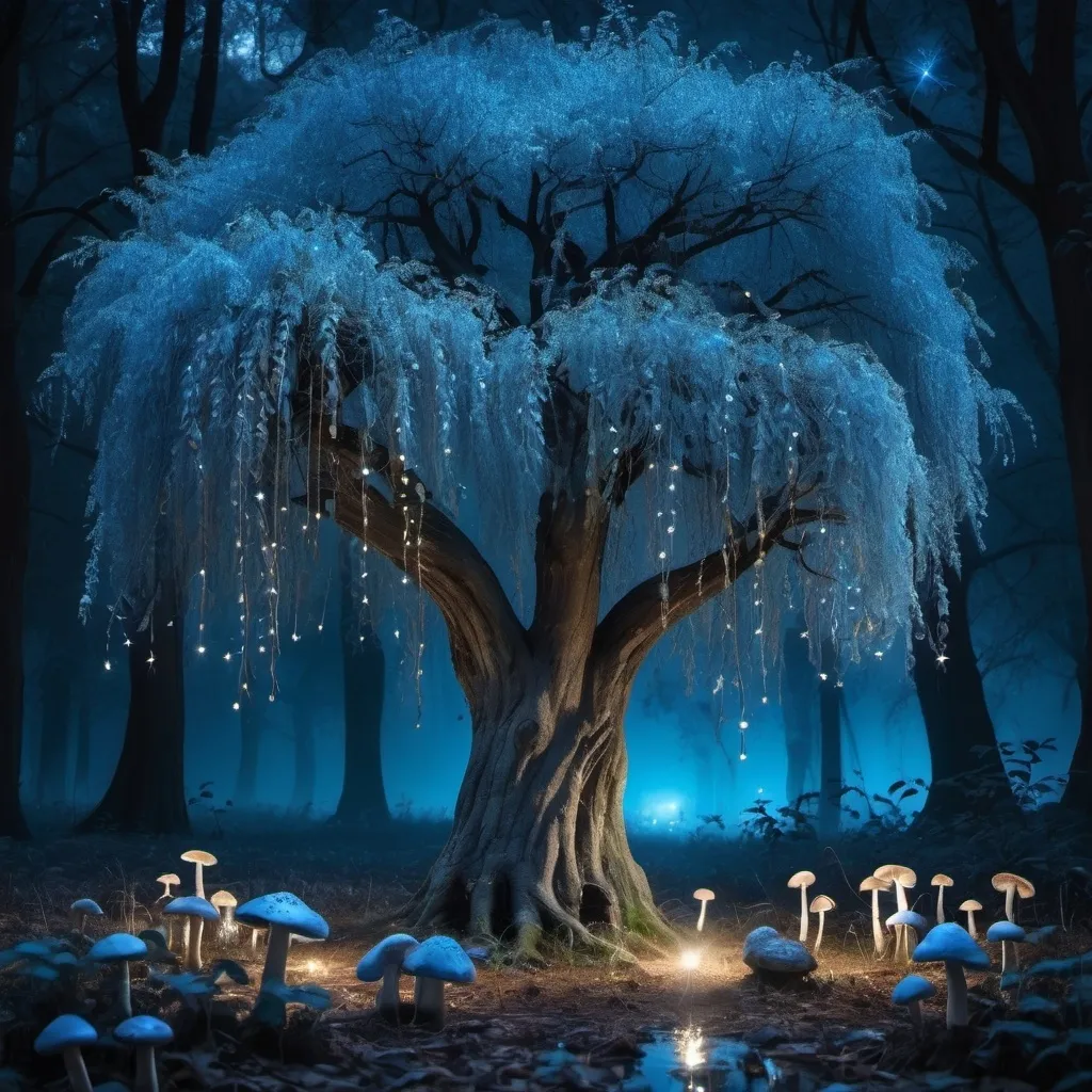 Prompt: willow tree with sparkling blue leaves and mushrooms on the ground under it in a magic forest at night