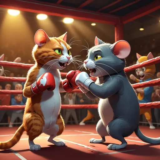 Prompt: cartoon style Cat and Mouse fighting
in a boxing cage