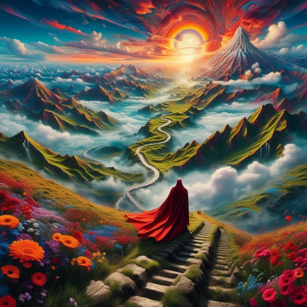 Prompt: <mymodel> a path leading trough mysterious mountains with a figure with a cape facing the mountains staring into the abyss, the path seeming like it goes on forever, the mountains getting higher the further you get, the clouds slowly also getting darker the further the path