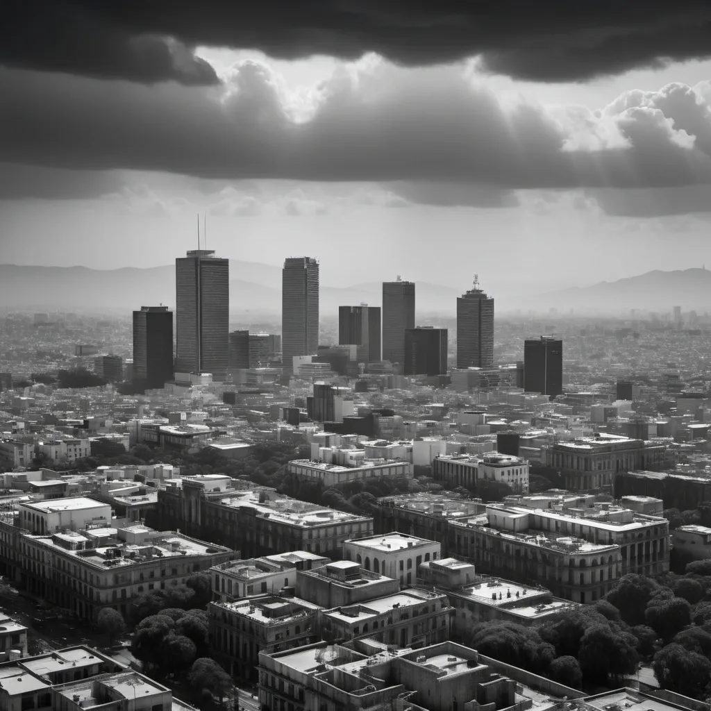 Prompt: For a presentation about AI in law, to be held in Mexico City,  I would like a cover image or photo symbolizing Mexico City, in black and white.