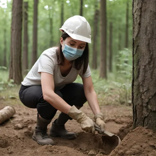 Prompt: wearing a facemask adult human female excavating in a forest