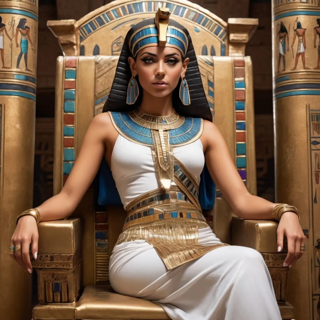 Prompt: Cleopatra sitting on a throne in her palace with a tanned complexion looking with a serious look. She has beautiful Egyptian clothes.  