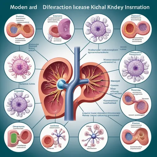 Prompt: Schematic representation of MSCs' mechanism of action in kidney disease, MSCs migrating to damaged kidney tissues, differentiating into renal cells, secreting growth factors, promoting repair and reducing inflammation, infographic style, detailed cellular processes, vibrant colors, annotated labels, clear and concise visual instruction, diagrammatic layout, scientific illustration, high-resolution 4K, modern and precise, educational and informative, bright and clean background, engaging and explanatory, medical illustration masterpiece, lab environment.