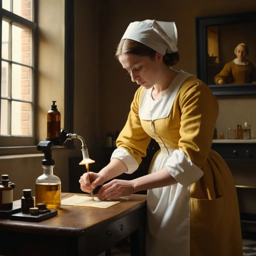 Prompt: A nurse performing a urinalysis procedure in the style of a Vermeer painting