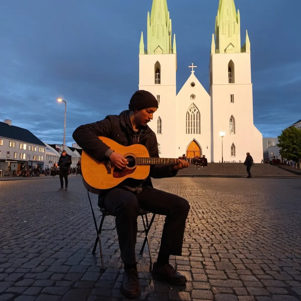 Prompt: Playing guitar, busking at midnight in front of Reykjavik cathedral in Iceland under the midnight sun