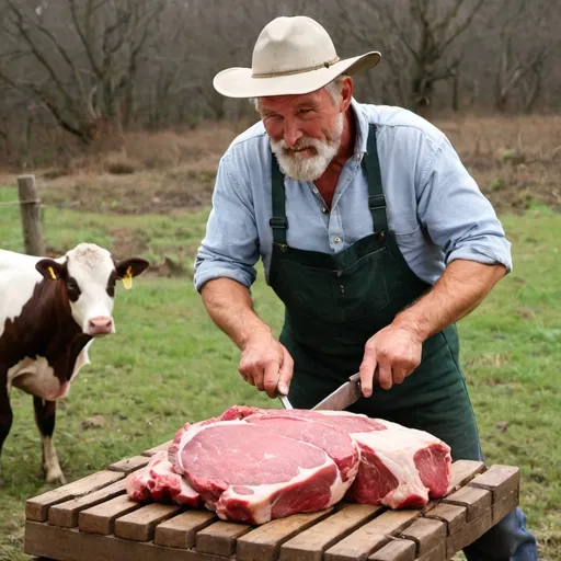 Prompt:  Farmer salts the meat for  Hunter.
