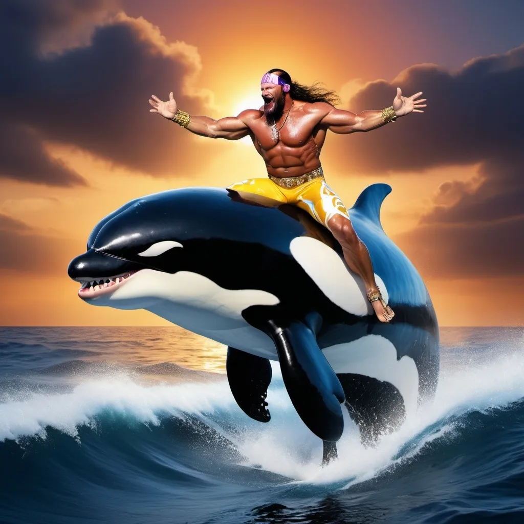 Prompt: macho man randy savage riding an orca