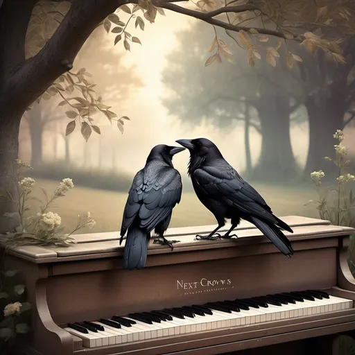 Prompt: (album cover "Next to Me"), (two old crows sitting side by side), romantic embrace, delicate details, soft lighting, whimsical atmosphere, vintage aesthetic, piano keys subtly integrated, lush background setting, nature elements, enchanting colors, comforting mood, high-quality design, (illustrated style), artistic masterpiece, captivating composition