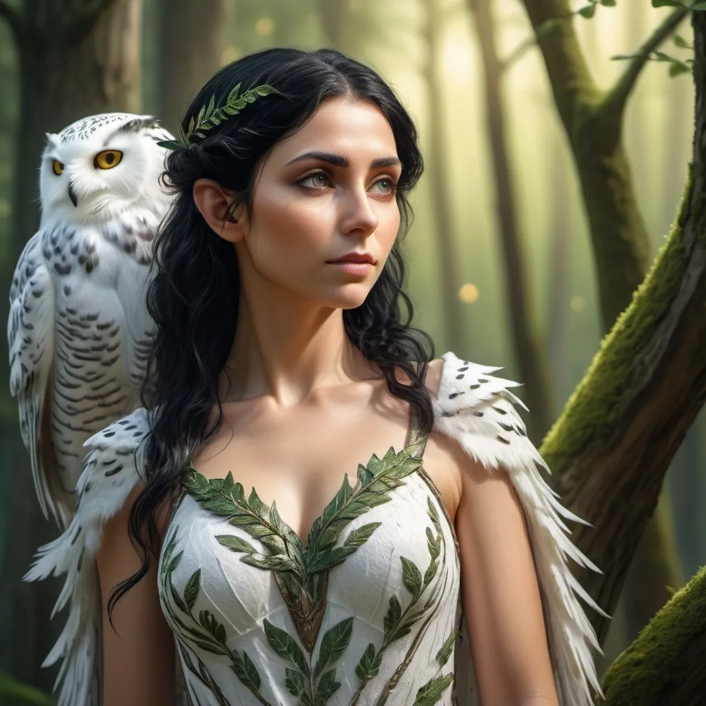 Prompt: female elf with black hair in the process of turning into a snowy owl in a summery forest

