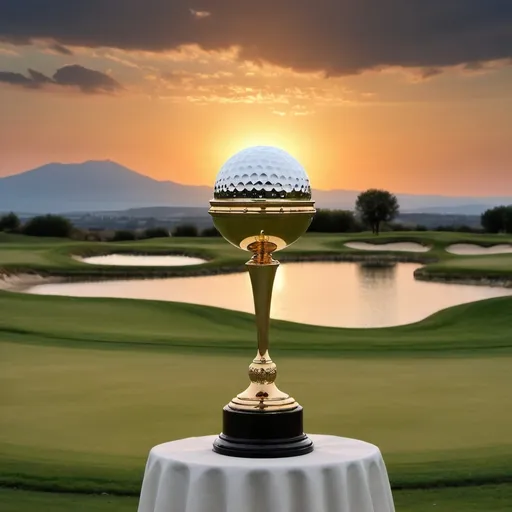 Prompt: L'immagine mostra un trofeo scintillante posizionato con cura su un green ben curato di un campo da golf. La luce soffusa del tramonto avvolge la scena, creando un'atmosfera magica e serena. I raggi dorati del sole che cala si riflettono sul trofeo, esaltando i suoi dettagli eleganti e lucenti. Sullo sfondo, le dolci colline si stagliano contro il cielo dai toni arancioni e rosati, aggiungendo profondità e bellezza al paesaggio. L'intera scena emana un senso di tranquillità e celebrazione, catturando perfettamente l'essenza di un momento di vittoria e successo in un contesto naturale mozzafiato.