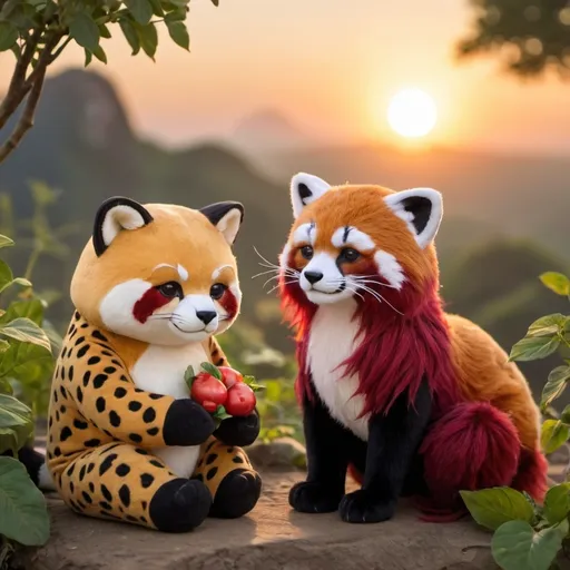 Prompt: Potato fairy and a cheetah with an red panda in the sun set



