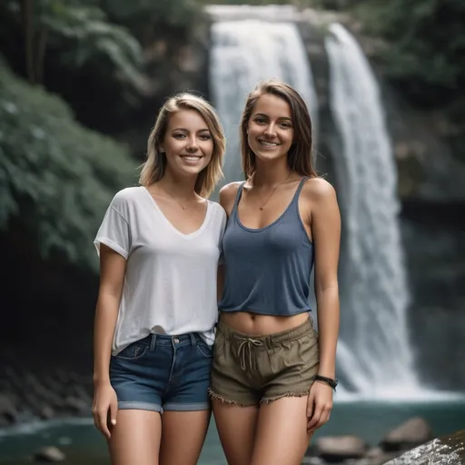 Prompt: Two 30 year old women standing in front of a waterfall and smiling, detailed clothing with short shorts, realistic, natural lighting