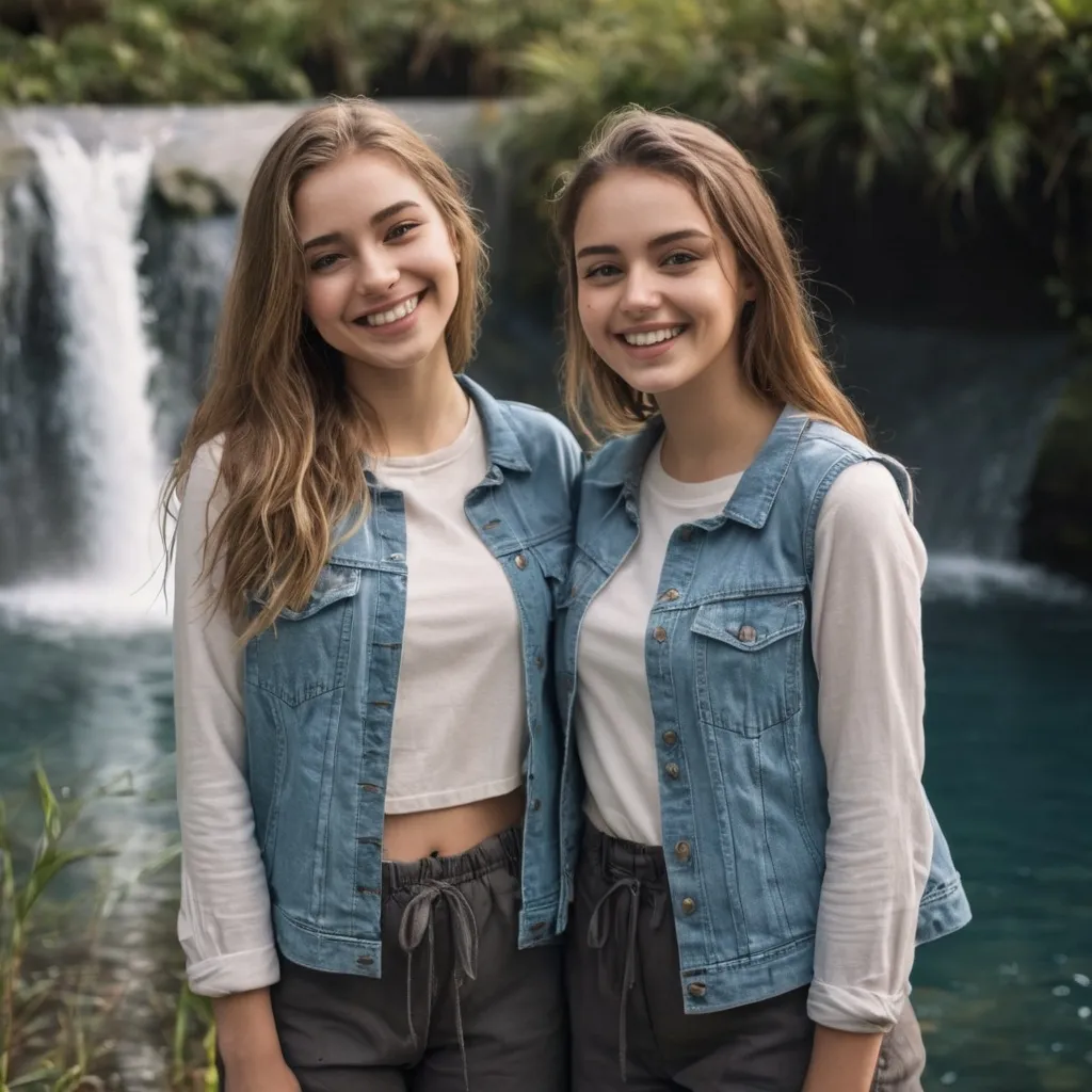 Prompt: Two young women standing in front of a waterfll and smiling, detailed clothing, realistic, natural lighting