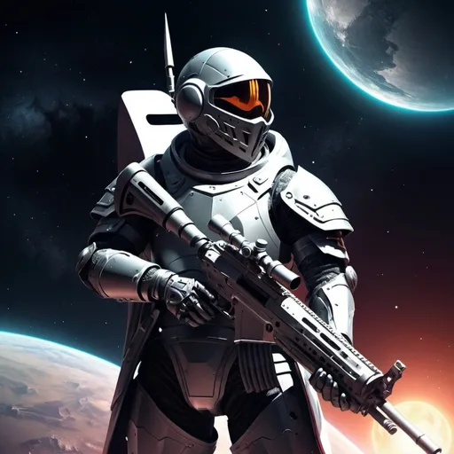 Prompt: knight in space with a sniper rifle digital art