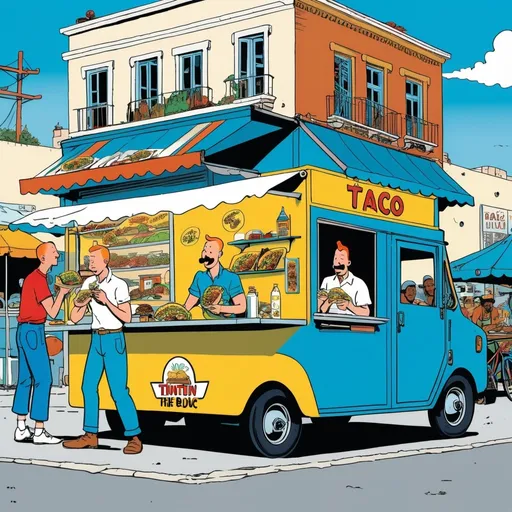 Prompt: Three men of different races eating tacos in front of food truck, in the style of Tintin by Hergé