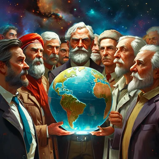 Prompt: Heated political debate between Caucasian people with detailed faces. Some a laughing and joking. Standing on the globe. background of galaxies. Surrealism in 3D. Humorous.
