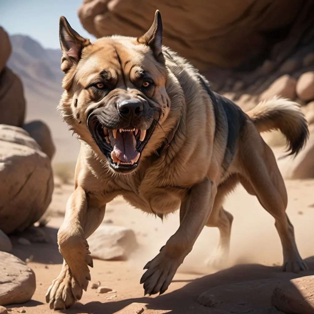 Prompt: Photos of a group of aggressive attack dogs with a background of boulders and rocks in a desert.