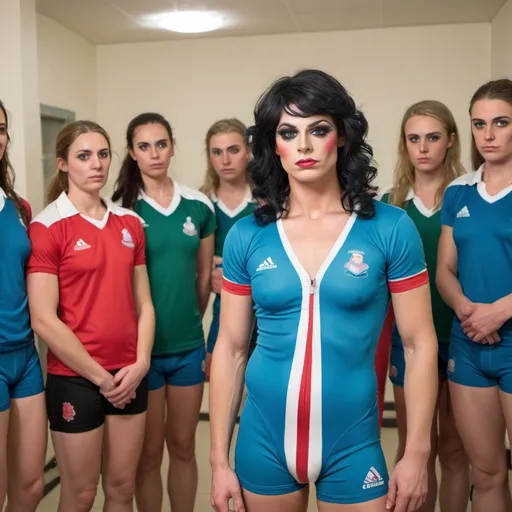 Prompt: a transvestite in changerooms with female sporting team