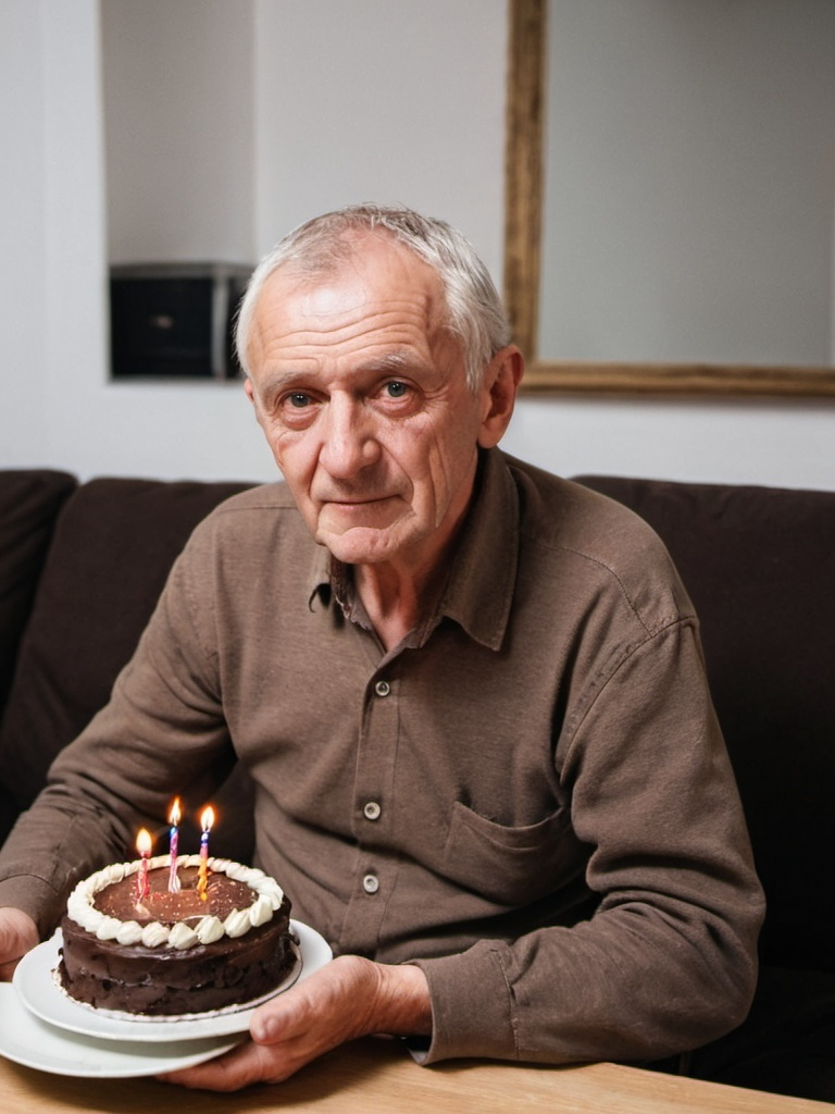 Prompt: An older European man with a chocolate birthday cake